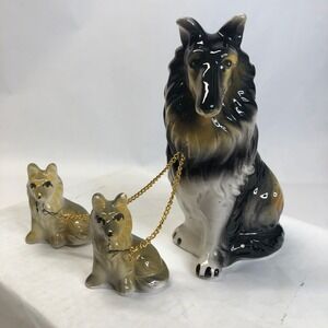 Vintage Ceramic Collie Mother and Two Puppies Chained *Some chips* Made in Japan
